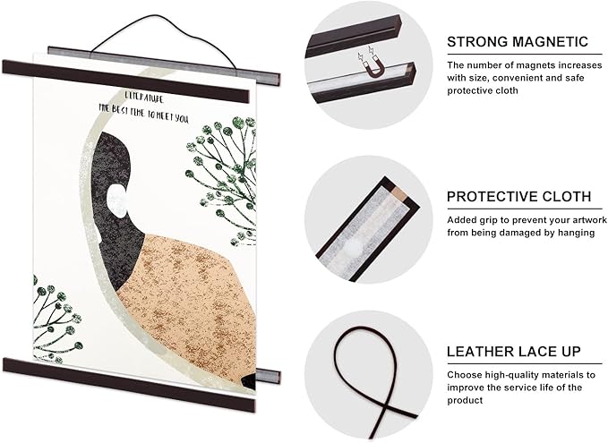 Benjia Magnetic Poster Hanger, 18x24 18x12 18x24 Poster Frame Wood Wooden Magnet Print Posters Dowel Scroll Hanger Hangers Hanging Kit for Walls Map Canvas Artwork (Walnut, 18")