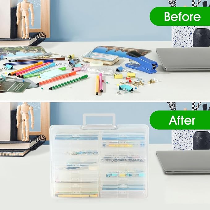 FAAYUCK Photo Storage Box 5 x 7 Inches, 18 Inner Extra Large Photo Boxes with Dividers, Clear Acid-Free Photo Storage Containers with Handle, Photo Organizer Craft Keeper for Photo, Craft, Stamp etc