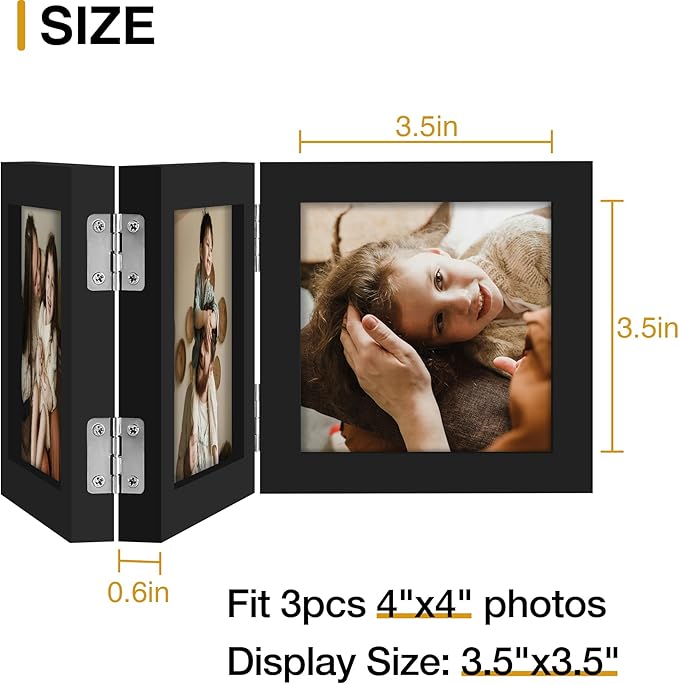 decorUhome Triple 4x4 Picture Frame Vertical, Engineered Wood Trifold Photo Frame with Plexiglass for Tabletop Display, 4x4, Black