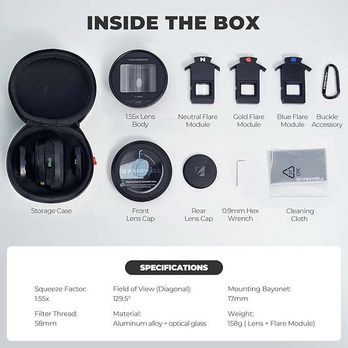 Freewell 1.55x Anamorphic Lens for iPhone & Samsung - 3-in-1 Streak (Neutral, Gold, Blue) - Cinematic Smartphone Lens with Oval Bokeh - Compatible with 17mm Mount Case & Cage