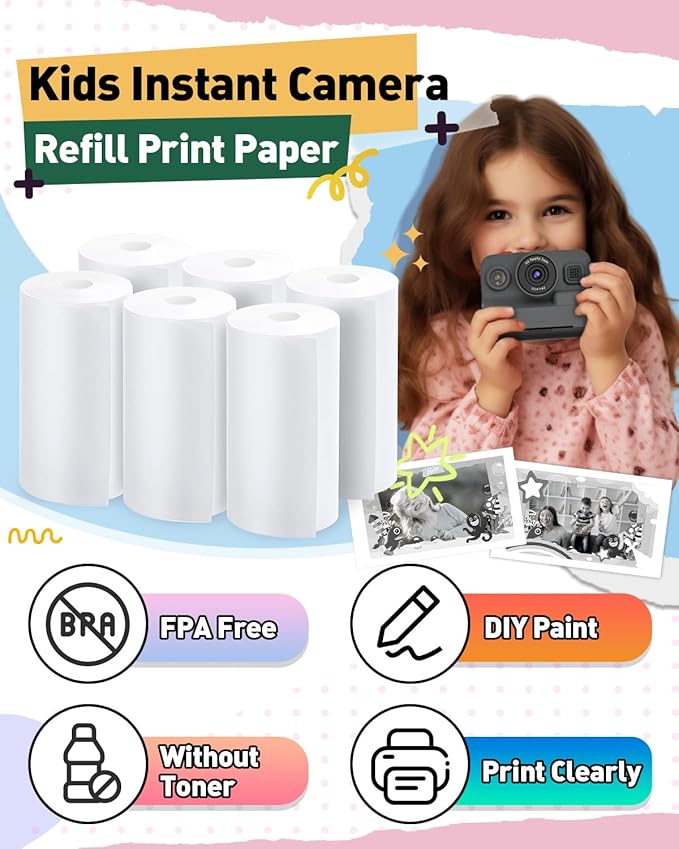 Yehtta 10 Rolls Kids Instant Camera Print Paper, Photo Printer Thermal Paper Rolls, BPA Free, Refill Replace Camera Instant Printer Paper for Most Kids Instant Camera