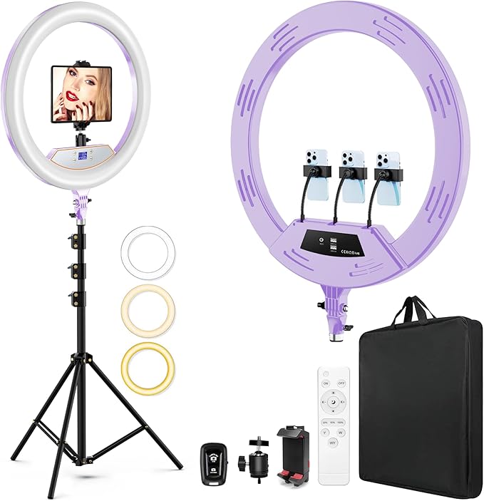 22"Ring Light with Stand,Ring Light Tripod for iPhone ipad,with 75"Tripod/LCD Display/4 ipad iPhone Clips/2 USB Ports,2600K-6500K Color Temperature,for Barber Makeup Tattoo TikTok Video Recording Vlog