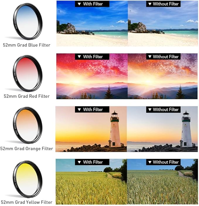 Apexel 52mm Filter Lens Kit (Graduated Filter Lens-Red Orange Yellow Blue, CPL, ND32, Star Lens-6 Point) for Smartphone Camera Canon Nikon Sony Olympus