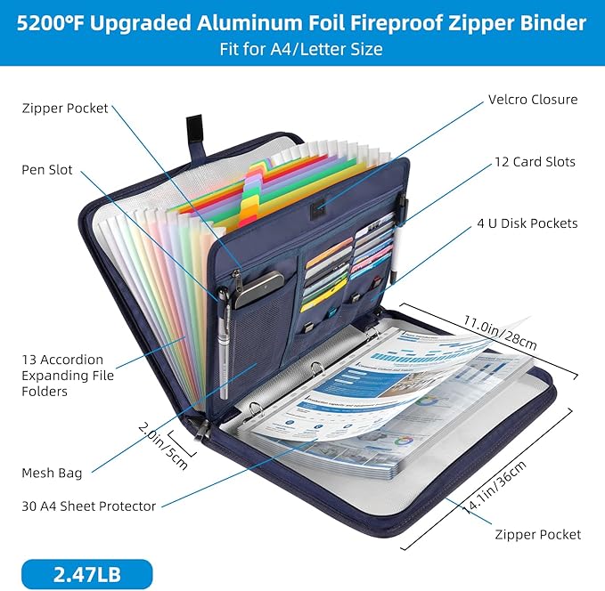 5200℉ Fireproof Document Organizer with 13 Accordion Expanding File Folder, Aluminum Foil Zipper Binder with 30 A4/Letter Sheet Protector, Binder for School Office Home Storage (Blue)