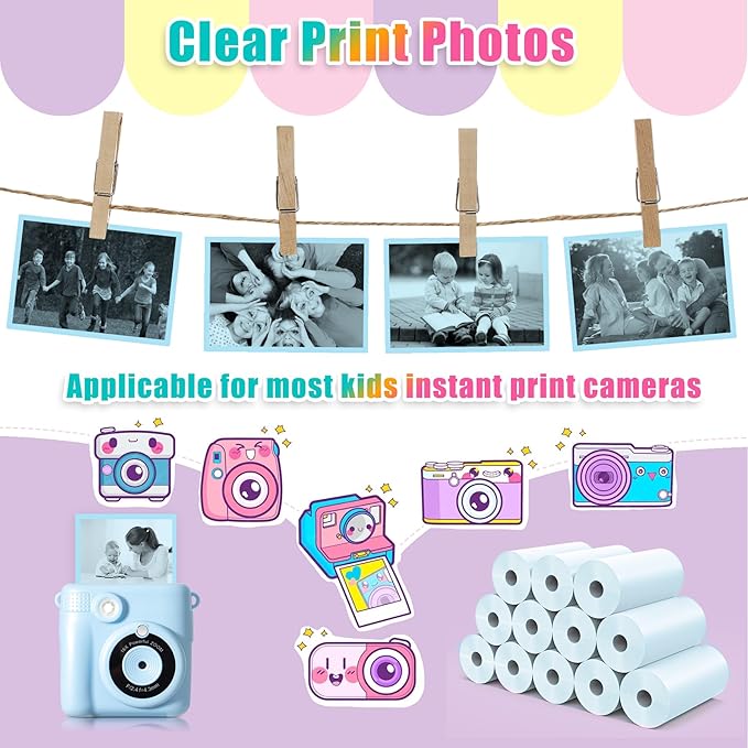 12 Rolls Instant Print Camera for Kids Refill Print Paper - Hikkon Thermal Print Paper Rolls Photo Print HD Printing for Most Kids Instant Camera(Blue)