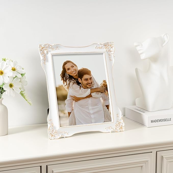Axeman 8x10 Vintage Picture Frame | Antique 8 x 10 Picture Frame with Real Glass | Ornate Frame 8x10 for Wall & Tabletop Display | Retro White Gold 8 x 10 Frame - White