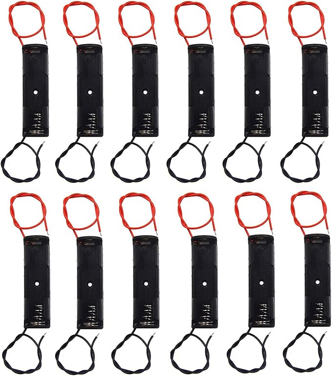 12 Pcs/1 Dozen 1 x 1.5V AA Battery Spring Clip Black Plastic 1 x 1.5V AA Battery Case Holder Box Black Red Wire Leads
