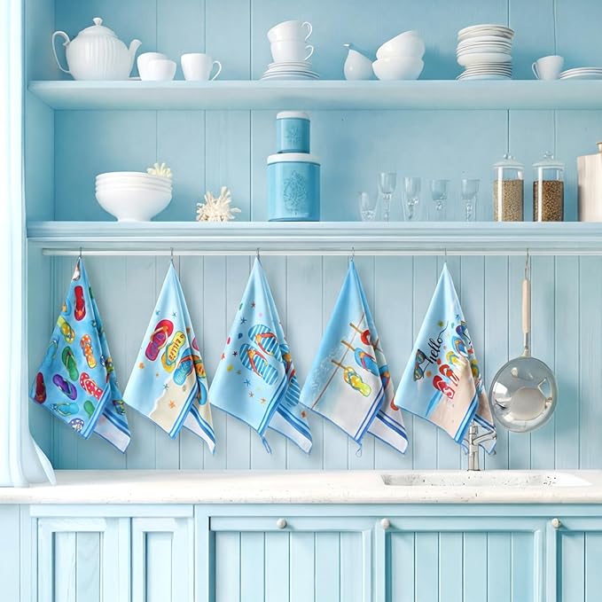 Preboun 6 Pcs Flip Flops Decorative Kitchen Towels Summer Dish Hand Towels Funny Flip Flops Themed Dish Cloth House Decorative Farmhouse Tea Cloth Absorbent for Home Bathroom Kitchen Decor