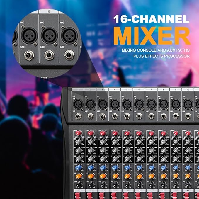 16 Channel Professional Audio Mixer Console Sound Board with 48V Phantom Power,USB Audio Interface for Live Show,Streaming Recording Music Stage Karaoke