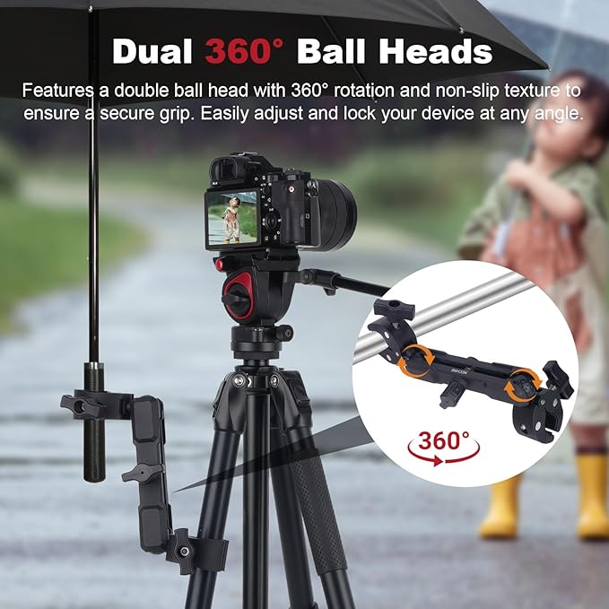 Double Clamp Mount,Double Super Clamp Camera Mount with 360° Ballhead Magic Arm for Desk, Cross Bars,Tripod, Handlebar Studio Light Stand Holder Photography Reflector, Flag, Umbrella,JC025