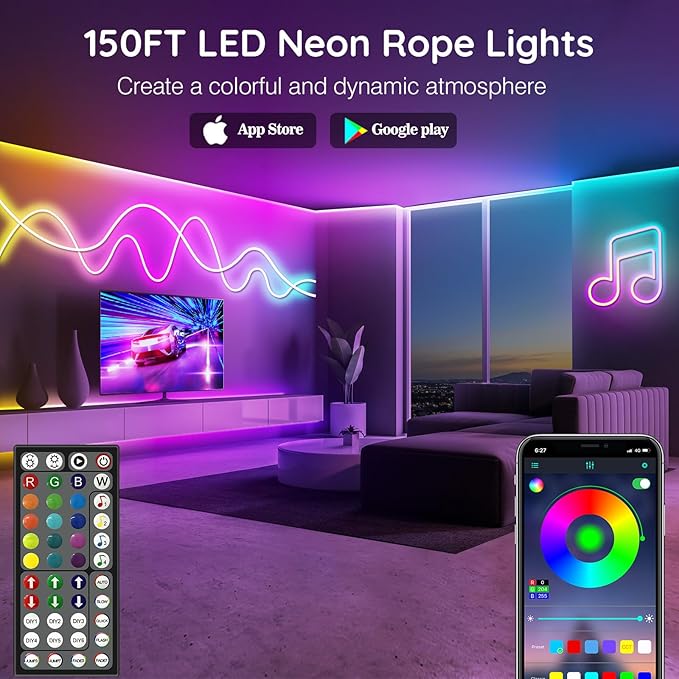 LETIANPAI 150Ft Neon Rope Lights,Flexible Led Rope Lights Control with App/Remote,Multiple Modes Music Sync Gaming RGB Led Neon Lights for Bedroom Outdoor