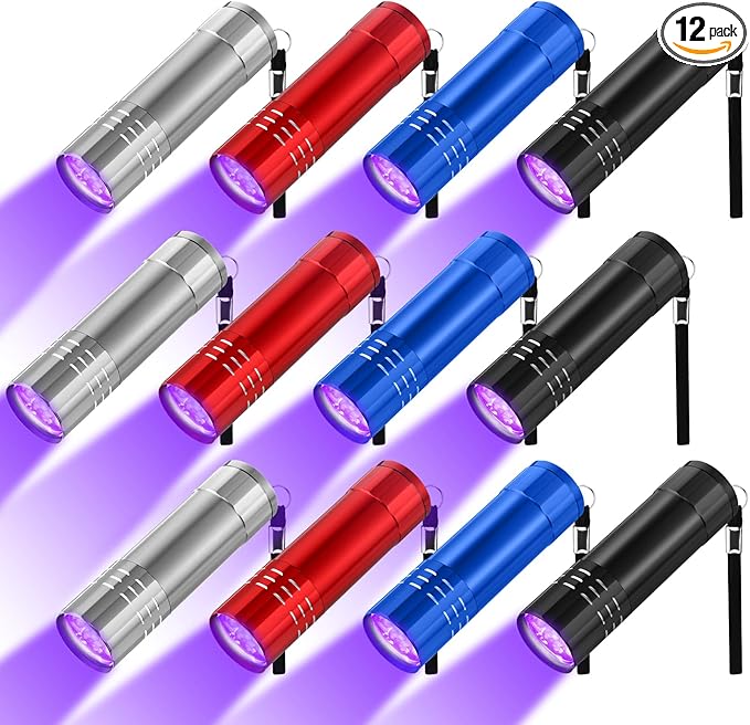 Riakrum 12 Pcs UV Blacklight Flashlights LED Handheld Mini Light Flashlight Small Portable Detector 395nm 9 LED Light for Pet, Carpet Dry Stains Detection, Spot Scorpions, Resin Curing (4 Colors)