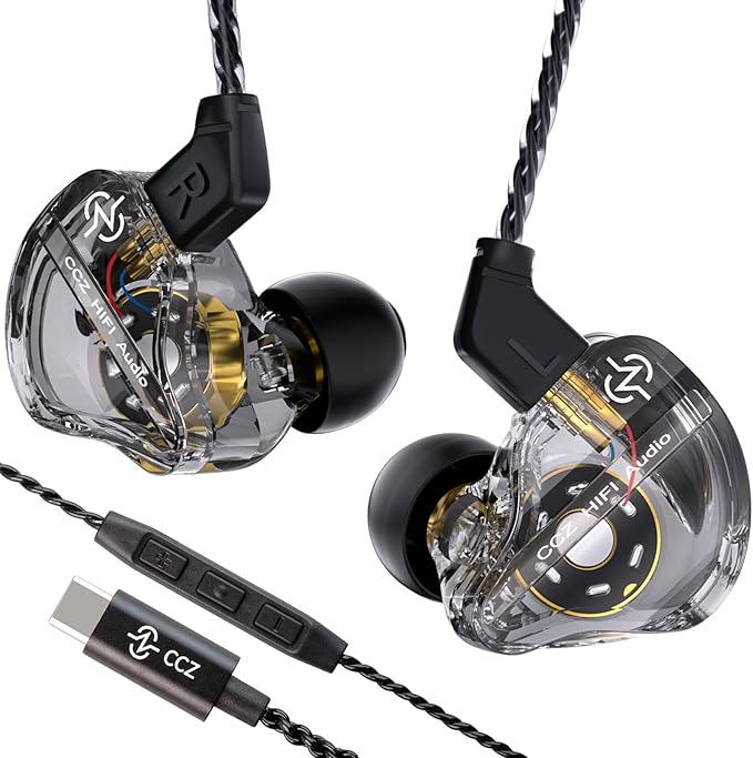 CCZ DC01 Pro USB C Headphones Wired Type-C in Ear Monitor Headphone, Professional USB C Wired Earbuds Super Bass Gaming IEMS with 1DD Patent Ear fin Ear tips for Singer Musician (Black, USBC-With Mic)