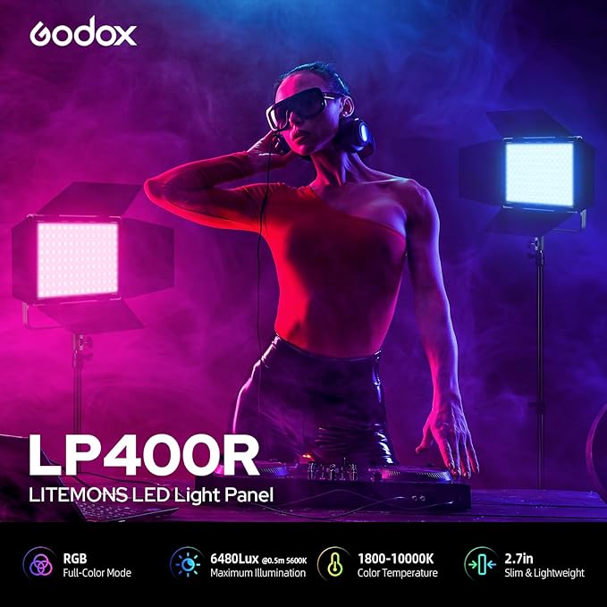 Godox LP400R RGB LED Video Light with Barndoor, 36W 1800K-10000K 6480Lux LED Panel Light with 14 FX Effects APP Control CRI/TLCI 96+ Dimmable 0-100% Studio Soft Lights for Photography
