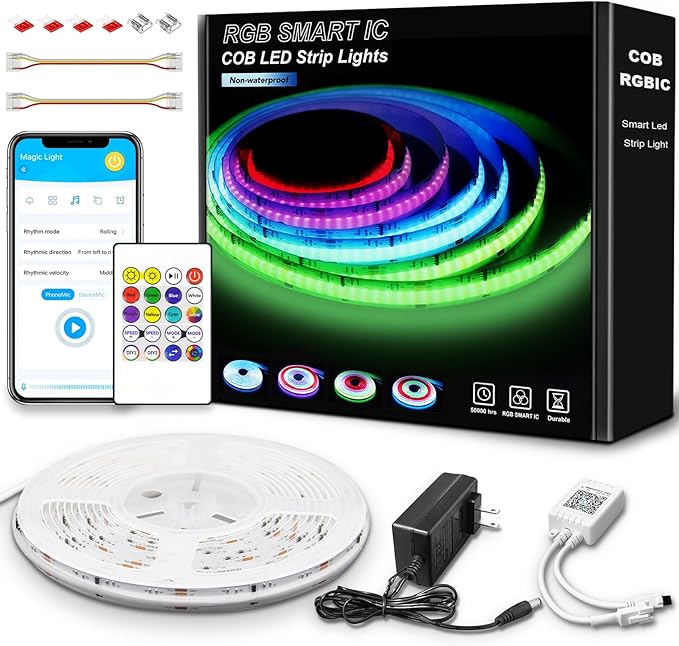 GUPUP 16.4ft COB RGB Smart IC LED Strip Lights,Addressable Color Chasing Strip Light, 24V 2880 LEDs Multicolor Flexible Tape Lighting Kit with APP Control &Music Mode, for TV,Bedroom,Party Decoration