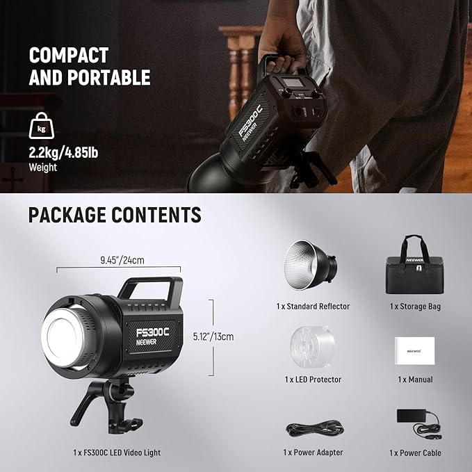 NEEWER 300W RGB LED Video Light APP/2.4G Control, 17 Effects 2500-7500K 36000lx COB Continuous Output Lighting with Cleaning Cloth, CRI95+ Bowens Mount for Studio Photography Video Recording, FS300C
