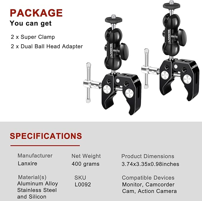 Camera Mount Super Clamp with Double Ball Head Magic Arm - 360° Rotation - 1/4" and 3/8" Threaded Holes - Fits for Cameras, Led Lights, Monitor, Flash, Microphone - 2 Pack