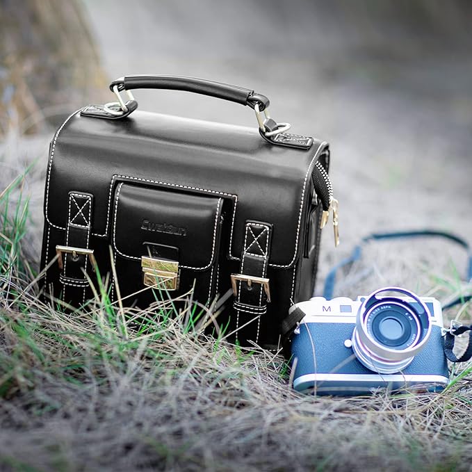 Cwatcun Leather Camera Bag Compact Shoulder Bag for Women, Vintage Sling Case Crossbody, Travel Photography Backpack for Canon, Nikon, Sony, Fuji DSLR/SLR/Mirrorless Cameras, Lens Accessories