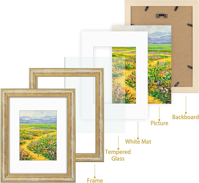 Golden State Art,9x12 Ornate Picture Frame for 6x8 Photo with Mat or 9 x 12 Prints without Mat, Real Glass Wall Display Horizontally or Vertically (Color:Vintage Gold)