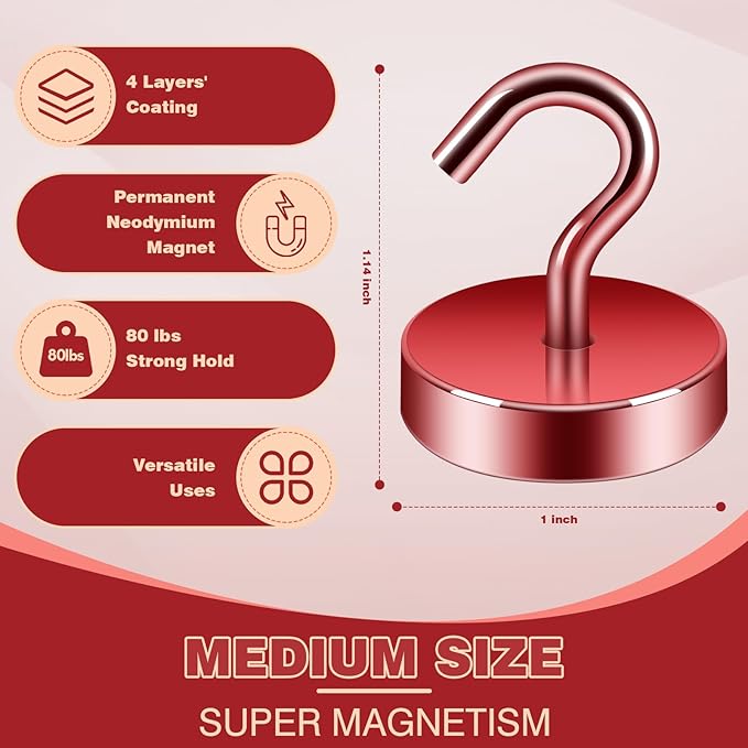 Neosmuk Magnetic Hooks, Cruise Ship Essentials, 80lb+ Heavy Duty Magnetic Hooks for Cruise Cabins, Refrigerator, Grill, Hanging, and Travel | Extra Strong Must-Haves Magnet Hook,Red, 5 Pack