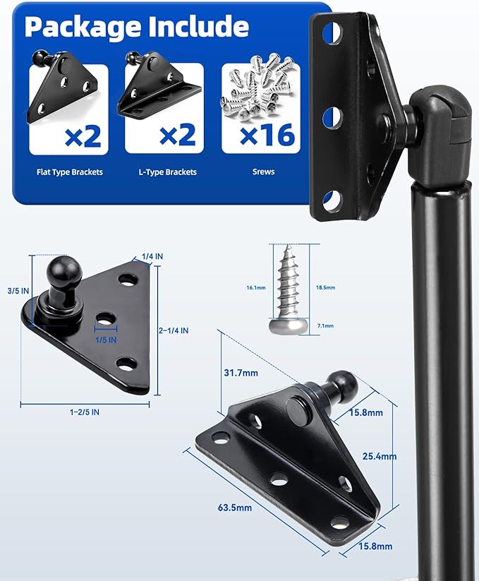 ARANA 10MM Gas Strut Mounting Brackets, Ball Stud Mount Bracket for Universal Lift Supports Shocks Spring Kits Hardware 4PCS with 16 Screws (Only Fits 10mm Ball Head)