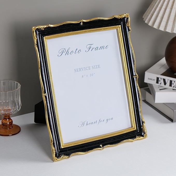Cuspin 8x10 Picture Frame Black and Gold Frames, Ornate Textured Hand-Crafted Resin Photo Frames with Glass Front, 8 by 10 Decorative Picture Frame for Wall & Tabletop, Vintage Home Decor
