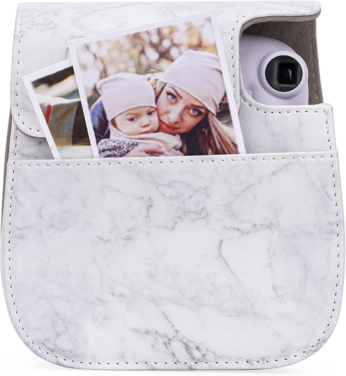 Frankmate Protective Case Compatible with Fujifilm Instax Mini 12 11 9 8 Instant Film Camera with Pocket and Adjustable Strap (White marble)