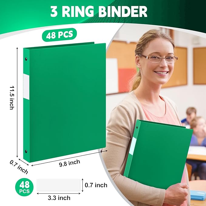 Henoyso 48 Pcs 3 Ring Binder 1/2'' Round Fits Letter Size 8.5'' x 11'' Paper Plastic Flexible Binder Holds 140 Sheets with 1 Pockets Versatile Organizer for Home Office School (Green)