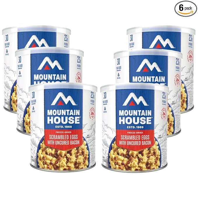 Mountain House Freeze-Dried Scrambled Eggs with Uncured Bacon #10 Can – 9 Servings per Can – Gluten-Free Emergency Survival Breakfast – Long-Term Canned Food for Camping, Hiking, & Hunting – 30-Year Taste Guarantee– Pack of 6 – Made in USA