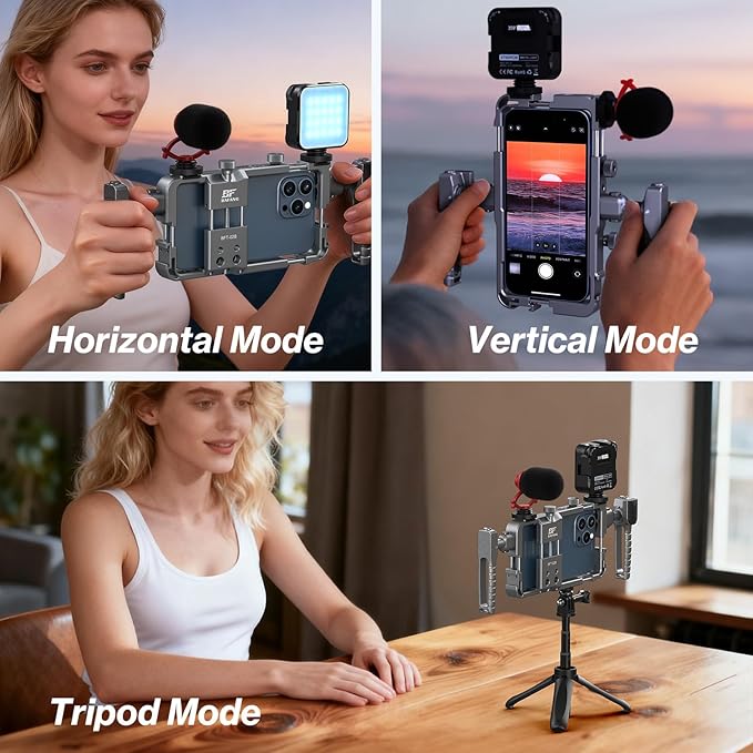 Universal Phone Cage, Smartphone Video Rig Kit with Handles, Handheld Filmmaking Vlog Case Stabilizer for Videomaker, All-in-One Mobile Video Kit, Quick Release Universal Phone Video Rig Kit