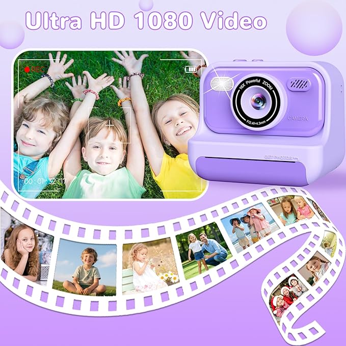 Instant Print Camera for Kids, Valentine‘s Day Present Birthday Gifts for 3 4 5 6 7 8 9 10 Year Old Girls and Boys, 1080P Digital Camera with 2.4 Inch Screen, Portable Toddler Travel Toys, Purple