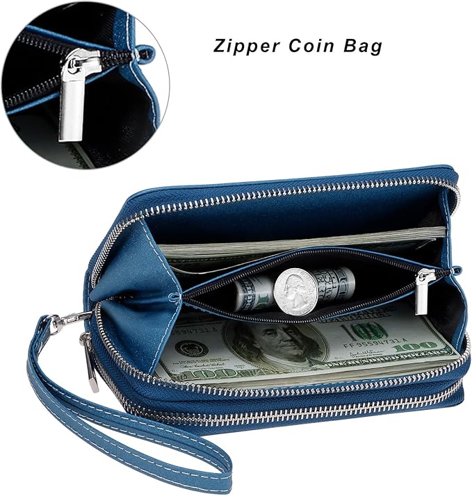 Cellphone Wallet for Women Dual Zipper Long Purse with Removable Wristlet