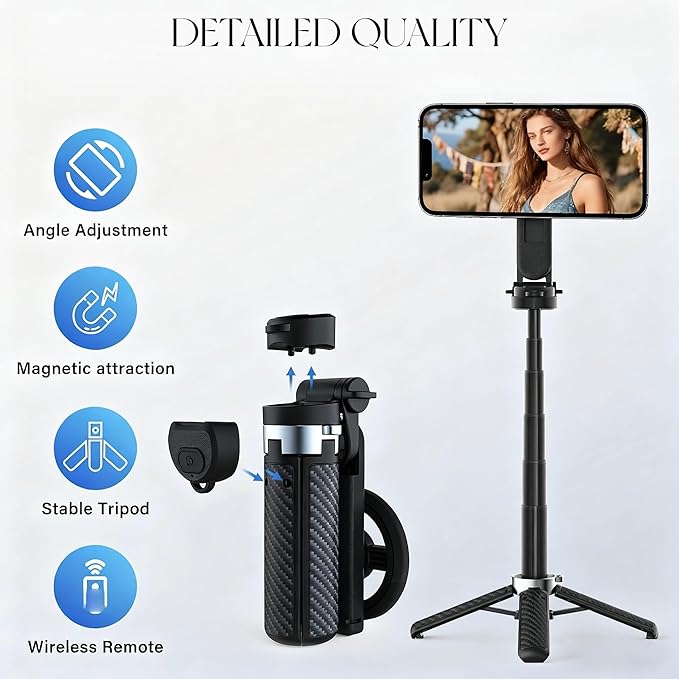 4-in-1 Multifunctional 360° Rotation Magnetic Selfie Stick for iPhone/Android - Portable Extendable Tripod with Detachable Remote, Universal Phone Mount & Metal Ring (Magnetic)