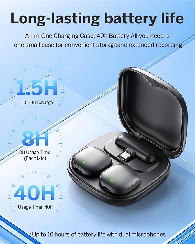 Mini Wireless Lavalier Microphone for iPhone/Android/PC/Tablets, Lapel Mics with USB-C/Lightning Plug, AI Noise Cancelling, Magnetic Mic, 40H Battery Life with Charging Case for Stream, Vlog, TikTok