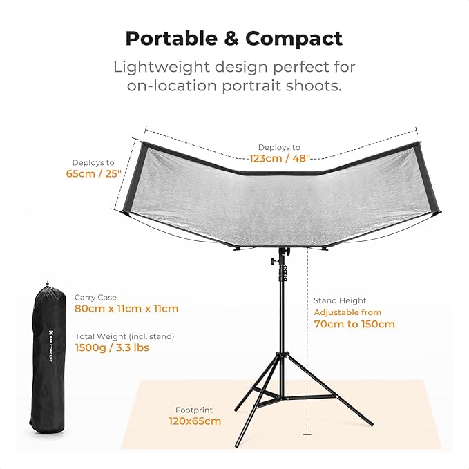 K&F CONCEPT Curved Reflector, Quick-Open Clamshell Light Reflector with Stand & Carrying Bag – 48"x26" U-Shape Photography Diffuser for Studio Portrait & Video Shooting, 4-in-1 Black/White/Silver/Gold