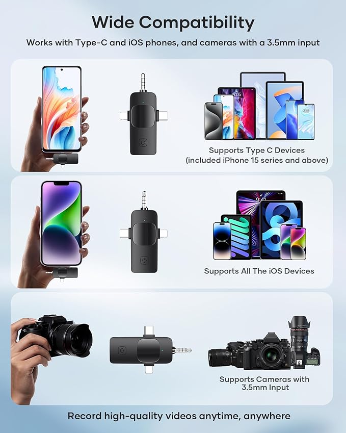 3-in-1 Wireless Lavalier Microphone for iPhone, iPad, Android, Camera - Noise-Canceling Mini Mic with 2.4G Ultra-Low Latency for Vlog, TikTok & YouTube Streaming (2 Mics)