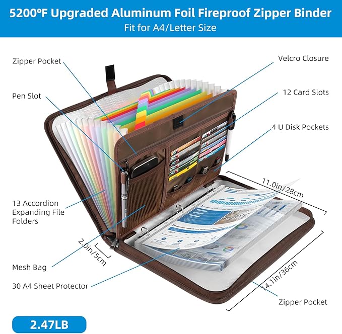 5200℉ Fireproof Document Organizer with 13 Accordion Expanding File Folder, Aluminum Foil Zipper Binder with 30 A4/Letter Sheet Protector, Binder for School Office Home Storage (Brown)