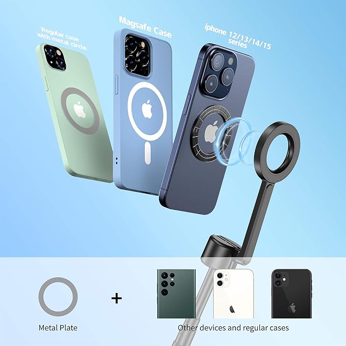 SEAJIC Magnetic Phone Tripod for iPhone 64" Selfie Stick with Remote and Metal Ring, Automatic Pop-up MagSafe Travel Tripod for Cell Phone Video Recording/Photography/Vlogging (Balck)