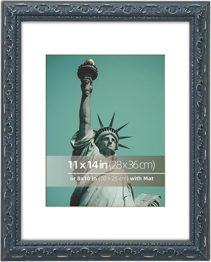 11x14 Embossed Scrollwork Distressed Wood Vintage Antique Retro Picture Frame, Display 8x10 Photos, Art Prints with Mat, Glass Cover, Dark Navy Blue