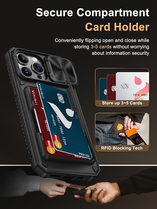 Vihibii for iPhone 14 Pro Max Case with [2X Screen Protector], Built-in Card Holder (4 Cards), [RFID Blocking] & Slide Camera Cover & Tempered Glass Films, Rugged Wallet Case for 14 Pro Max 5g, Black