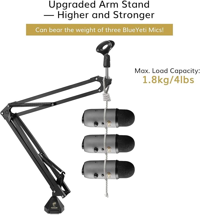 TONOR Microphone Arm Stand, Adjustable Suspension Boom Scissor Mic Stand with Pop Filter, 3/8" to 5/8" Adapter, Excellent Compatibility, Mic Clip, Upgraded Heavy Duty Clamp, 35cm+35cm, T20