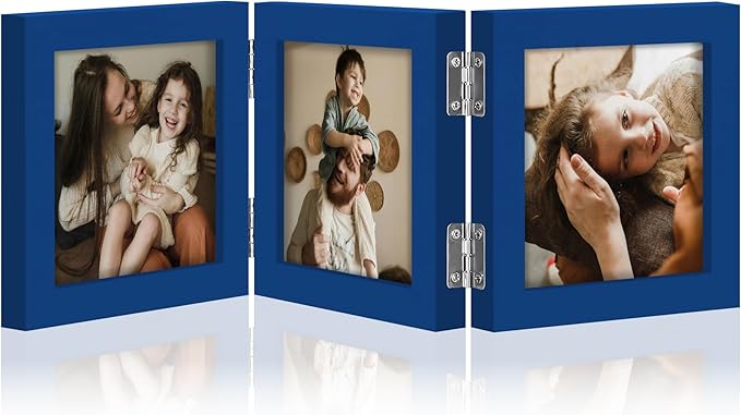 decorUhome Triple 4x4 Picture Frame Vertical, Engineered Wood Trifold Photo Frame with Plexiglass for Tabletop Display, 4x4, Royal Blue
