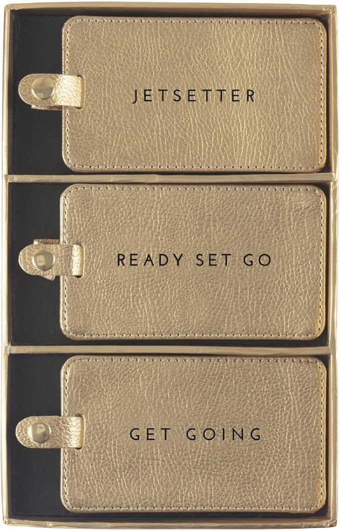 WORLD TRAVELER Luggage Tag Set - 3 Pack Baggage Tags Identifiers with ID Cards - Faux Leather Luggage Tags for Suitcases, Size One Size, Gold Shimmer