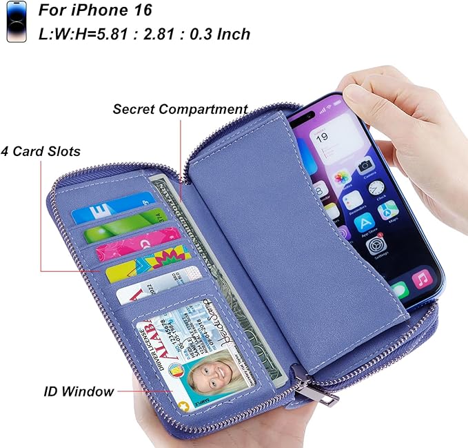 Cellphone Wallet for Women Dual Zipper Long Purse with Removable Wristlet