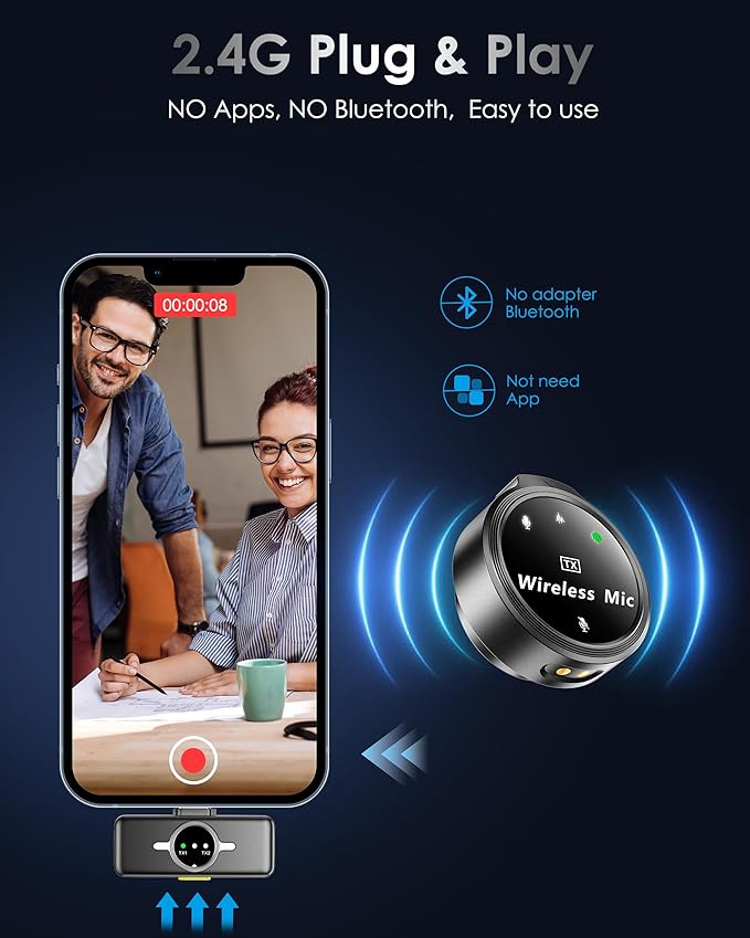 Wireless Lavalier Microphone, Lapel Mics with Lightning Plug-Play, 2.4GHz Noise Cancellation, Charging Case Included, 300ft Range for Stream, YouTube (Lightning (Wind Muff))
