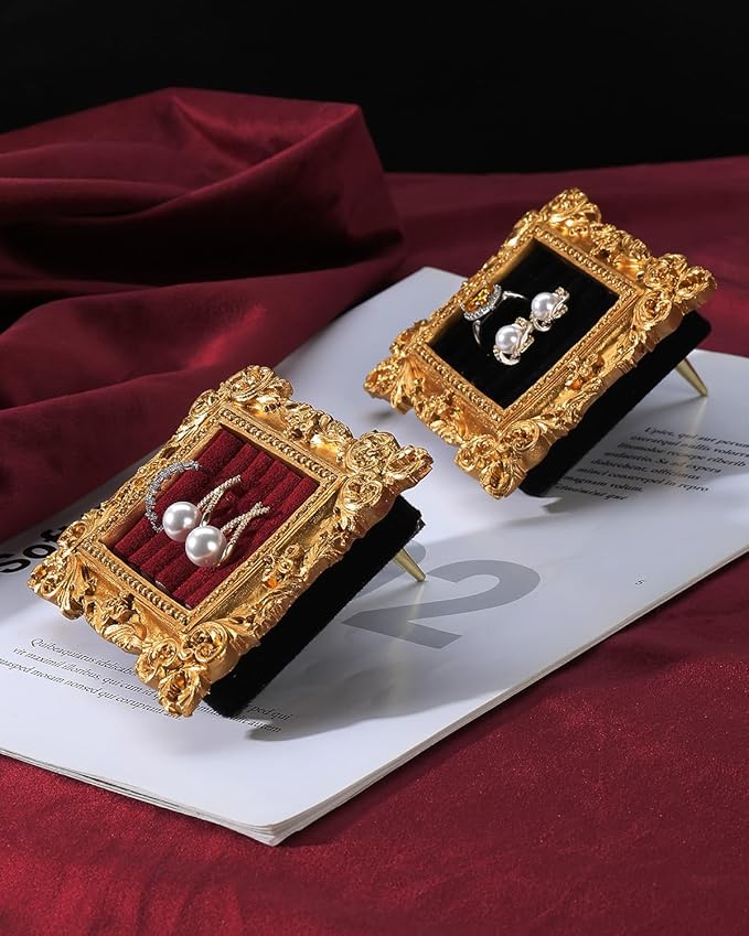 COOLYOUTH Vintage Ring Holder Ring Display Stand Frame Jewelry Organizer Velvet Tray for Jewelry (Medium-Red)