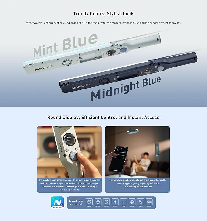 NANLITE Wand 30W RGB LED Handheld Stick Video Light,2700K to 7500K Bi-Color,APP Control Fill Light for Video Recording,Live Streaming (Midnight Blue)