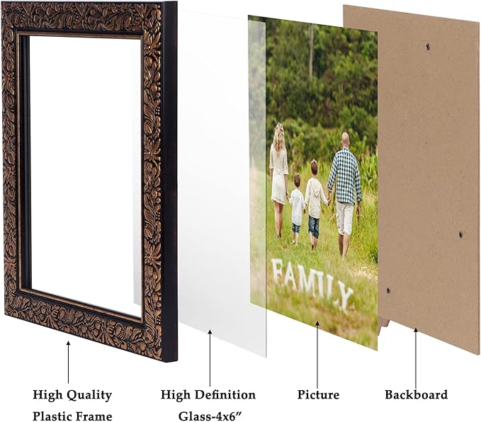 Edenseelake 4x6 Picture Frames Set of 2, Vintage Flower Relief Photo Frame 4 by 6 for Tabletop or Wall Display, Black-Gold