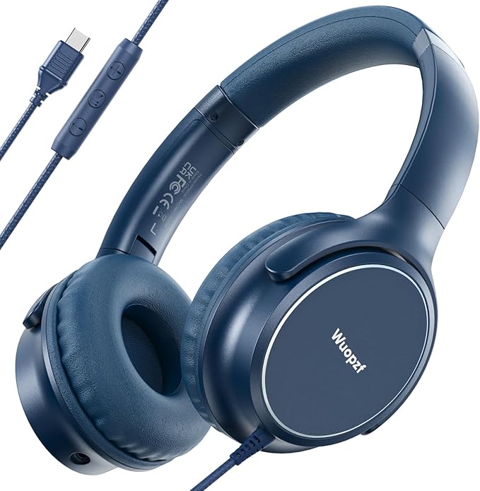 USB C Wired Over-Ear Headphones with Microphone, Volume Control, Share Port, and Adjustable Headband Foldable Stereo Headset for Adult/Teens for iPhone 16, Samsung, Laptop, Gaming, Travel