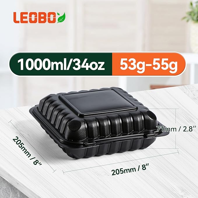 LEOBOX To Go Containers Mineral Filled PP Plastic - 8 Inch 34oz 55 Pack | Shrink Wrap BPA Free Takeout Boxes | Freezer & Microwave Safe for Food Delivery | Salad Breakfast Black Disposable Container